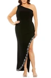 Fabulouss By Mac Duggal Beaded Floral Detail One-shoulder Body-con Gown In Black Multi