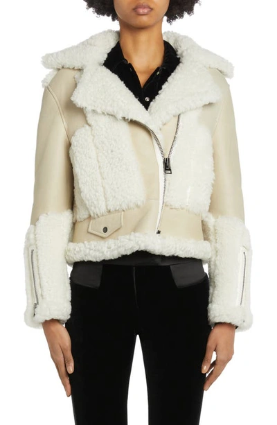 Tom Ford Patchwork Genuine Shearling Moto Jacket In Cream White