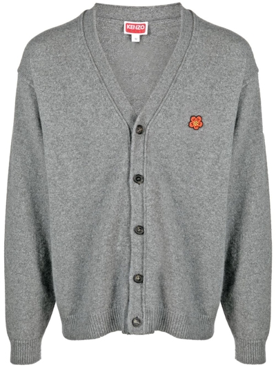 Kenzo Flower-patch Wool Cardigan In Grey