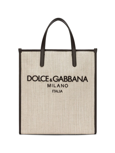 Dolce & Gabbana Logo Cotton Tote Bag In Beige