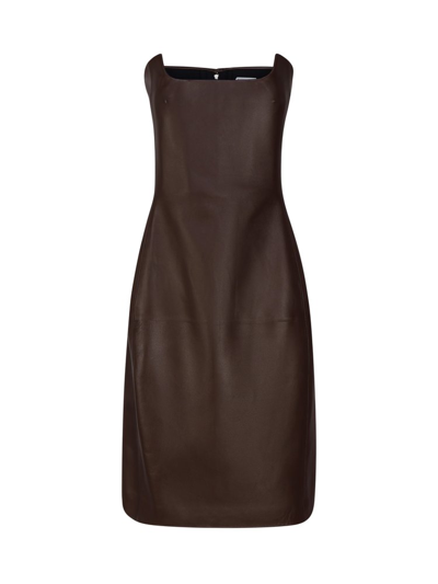 Bottega Veneta Cashmere-blend Leather Strapless Midi Dress In Dark Milk Chocolate