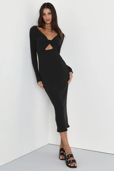 Lulus Charming Intuition Black Ribbed Twist-front Midi Dress