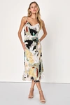 Lulus Inspired Aura White Multi Abstract Print Cowl Midi Dress In White