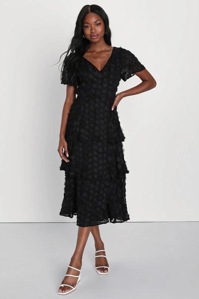 Lulus Impressive Instinct Black Tiered 3d Floral Applique Midi Dress