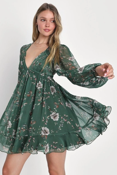 Lulus Endless Charisma Green Floral Chiffon Long Sleeve Mini Dress