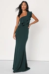Lulus Grand Beauty Emerald Ruffled One-shoulder Mermaid Maxi Dress In Green
