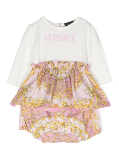 Versace Babies' Barocco-print Dress Set In 白色
