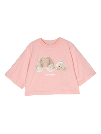 Palm Angels Kids' Teddy-bear Cotton Crop Top In 粉色