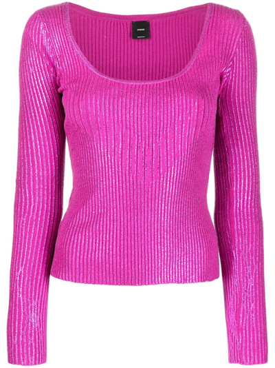 Pinko Laminated-effect Ribbed-knit Jumper In Purple