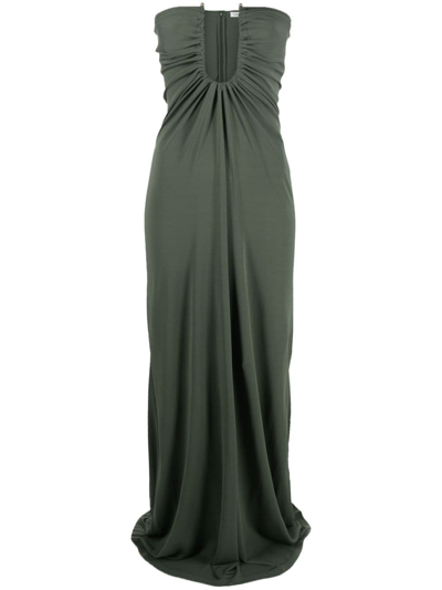 Christopher Esber Arced Palm Strapless Ruched U-ring Column Maxi Dress In Green