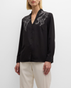 MISOOK ABSTRACT STITCH EMBROIDERED BUTTON-FRONT CREPE BLOUSE