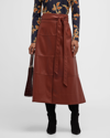 Tanya Taylor Hudson Faux Leather Belted Tiered Seam Midi Skirt In Brandy