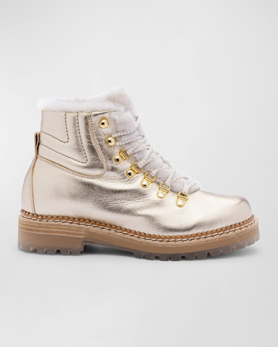 Montelliana 1965 Metallic Leather Shearling-lined Hiking Boots In White Gold