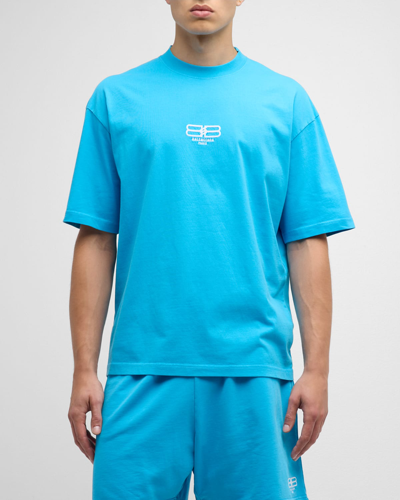 Balenciaga Light Blue Crewneck T-shirt With Bb Paris Icon Logo Print In Cotton Man