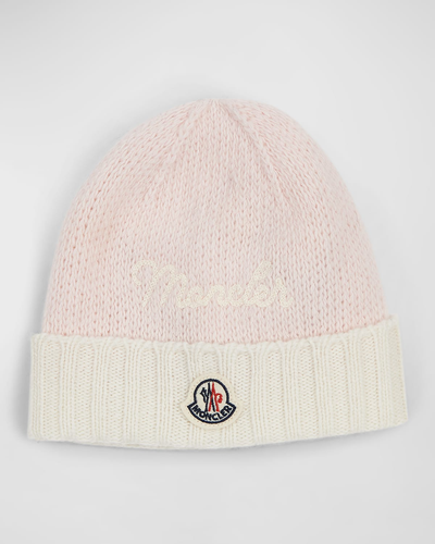 Moncler Girl's Logo-print Knit Wool Hat In Pink
