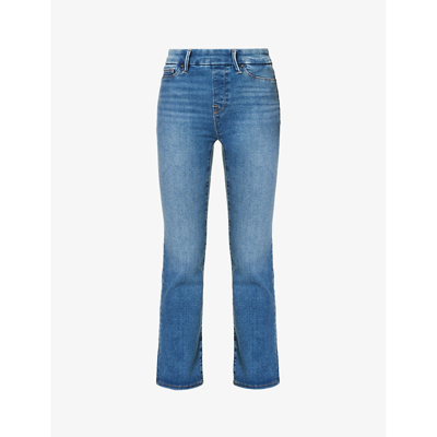 Good American Womens Indigo490 Pull On Straight Faded-wash Straight High-rise Stretch-denim Jeans
