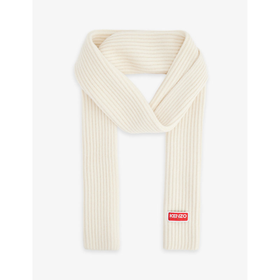 Kenzo Mens Off White Brand-patch Ribbed Wool-knit Scarf