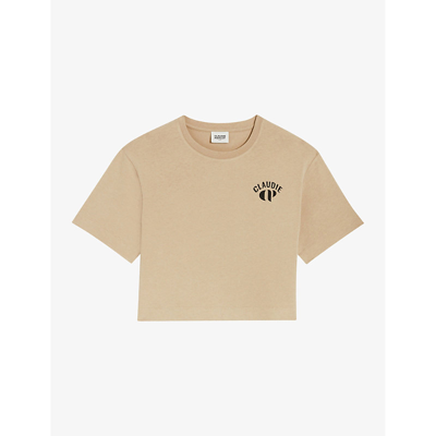 Claudie Pierlot Womens Naturels Logo-print Cropped Cotton T-shirt In Hell_beige