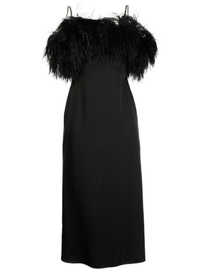 David Koma Feather-trim Satin Midi Dress In Black