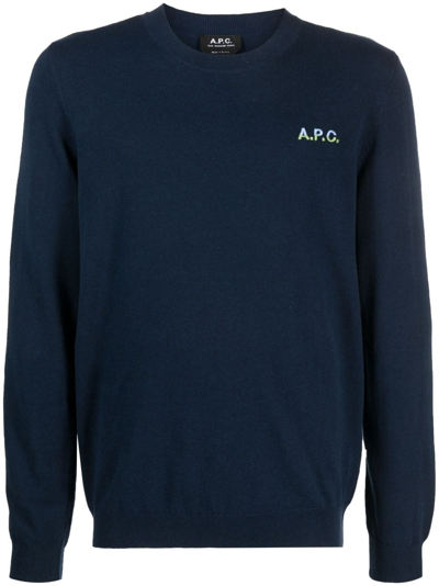 Apc Logo-embroidered Fine-knit Sweatshirt In Navy