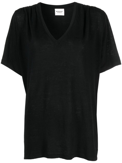 Marant Etoile V-neck Linen T-shirt In Black