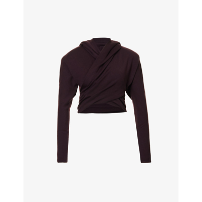 Saint Laurent Cropped Wrap-around Wool Hoody In Prune