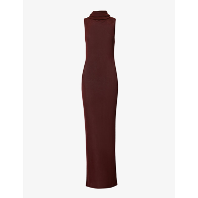 Saint Laurent Maroon Halter Neck Long Dress In Bordeaux