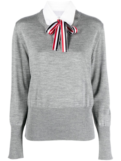 Thom Browne Jersey Stitch Ribbon Tie Jumper In Grey