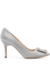 Manolo Blahnik Hangisi 70 Glitter Crystal Buckle Pumps In Grey