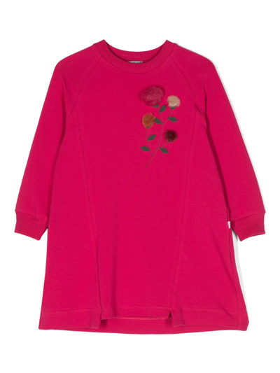 Il Gufo Kids' Floral-appliqué Cotton Fleece Dress In Red