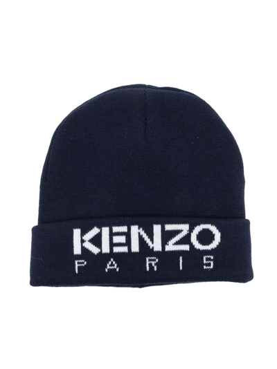 Kenzo Logo-embroidered Knitted Beanie In Blue