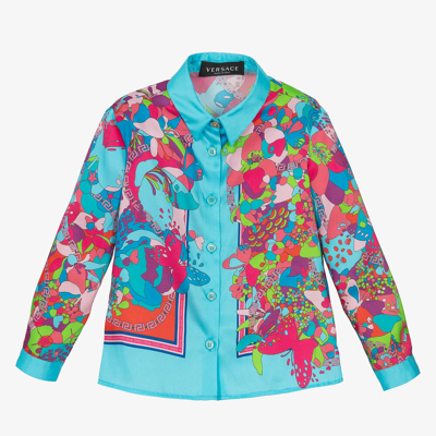 Versace Kids' Girls Blue Floral Greca Blouse