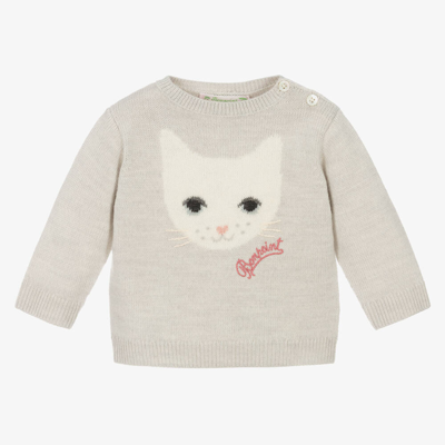 Bonpoint Babies' Girls Pale Grey Merino Wool Cat Sweater