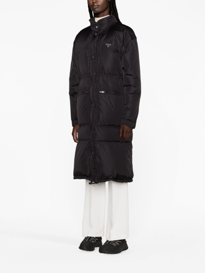 Prada Re-nylon Hooded Down Belted Jacket In Black  