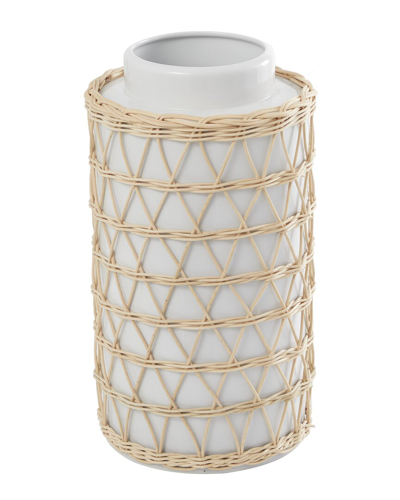 Peyton Lane Ceramic & Woven Rattan Vase In White