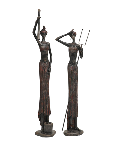 Peyton Lane Set Of 2 Handmade Tall African Women Sculptures In Red