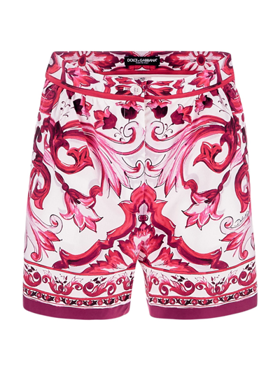 Dolce & Gabbana Majolica-print Poplin Shorts In White,fuchsia