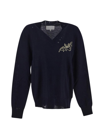 Maison Margiela Embroidered Knit Sweater In Blue