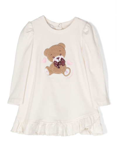 Monnalisa Babies' Bear-motif Flared Dress In Neutrals