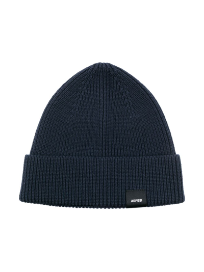 Aspesi Kids' Logo-patch Ribbed Beanie In Blue