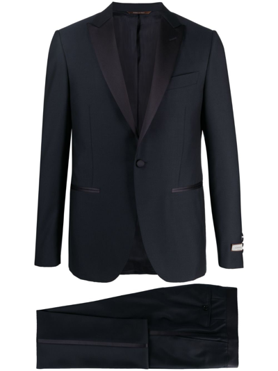 Canali Satin-trim Single-breasted Wool Suit In Blue