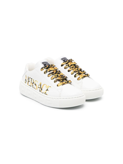 Versace Kid Unisex La Greca Logo Side Lace Up Trainers White In Bianco