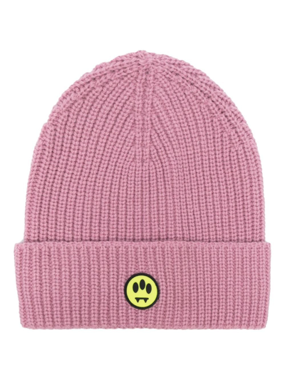 Barrow Logo-patch Ribbed-knit Beanie In Pink