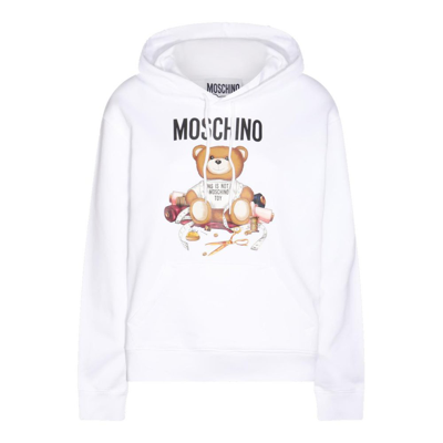 Moschino Logo Printed Cotton Jersey Hoodie In White