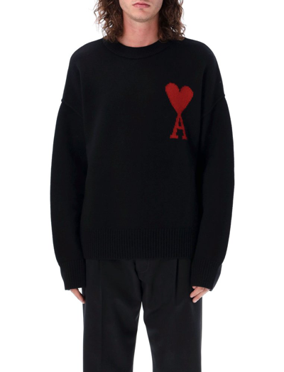 Ami Alexandre Mattiussi Ami Paris Logo Intarsia Crewneck Knitted Jumper In Black & Red