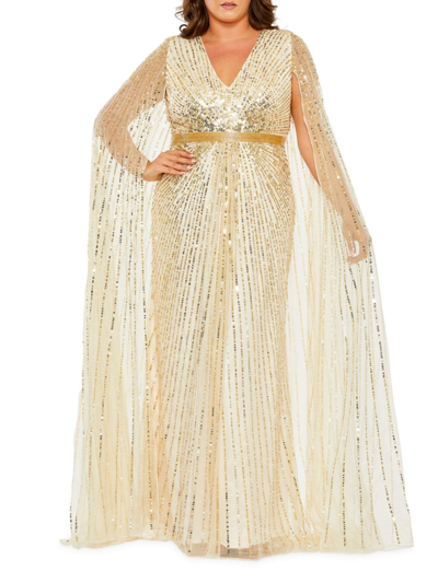 Mac Duggal Women's Plus Size Sequined V-neck Cape-sleeved Gown In Beige