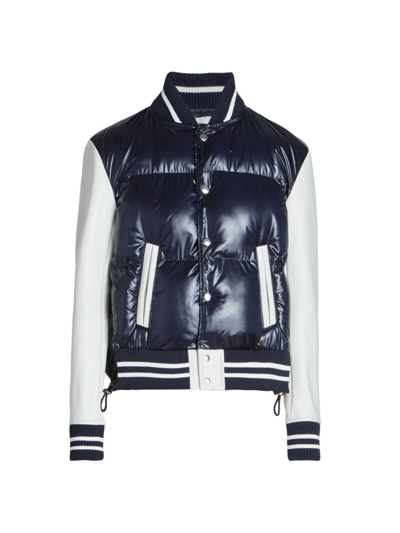 Sacai Combo Leather Varsity Puffer Jacket In Blue