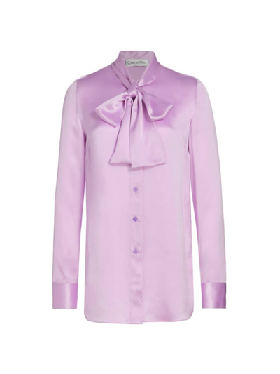 Oscar De La Renta Silk Button-front Blouse With Tie Neck In Lavender