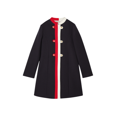 Gucci Kids' 条纹细节粗呢大衣 In Navy