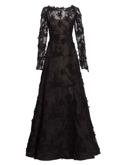 Jason Wu Collection Emboidered Organza Ls Gown In Black